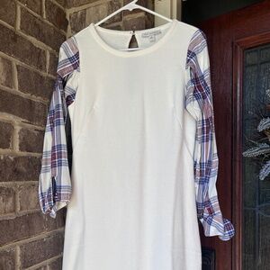 Free Assembly Dress Women's White With Plaid Sleeves‎ Size XS
